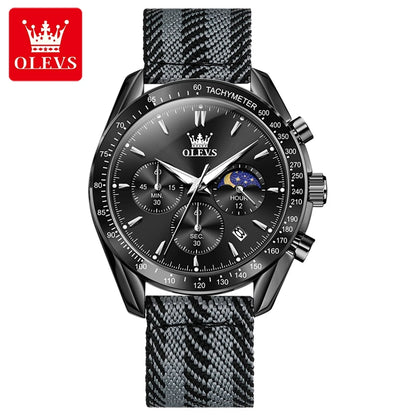 OLEVS 3630 Men’s Luxury Quartz Watch – Moon Phase Chronograph, Waterproof Nylon Strap, Original Sport Fashion Wristwatch