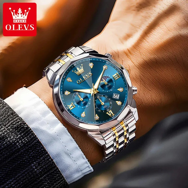 OLEVS 3670 Men’s Luxury Quartz Watch – Moon Phase Chronograph, Waterproof, Luminous Calendar Fashion Wristwatch